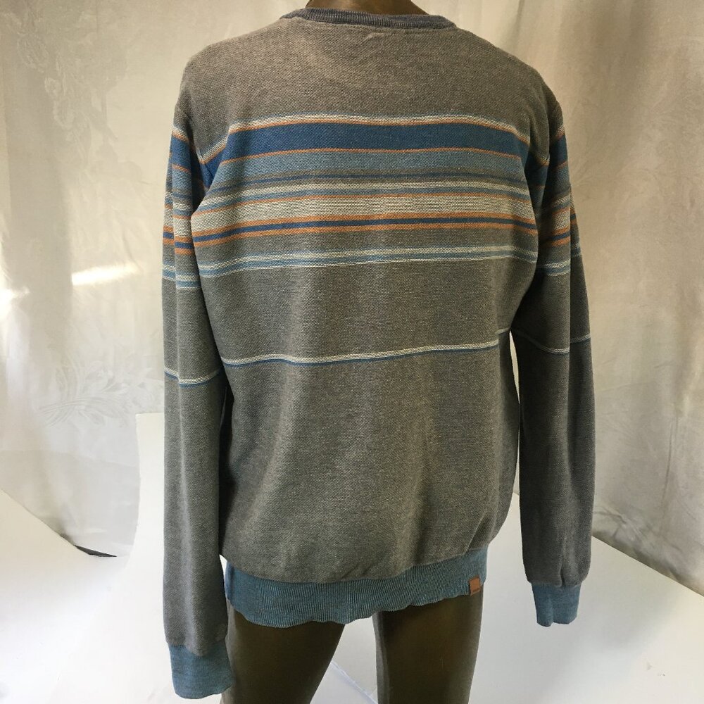 Bench Men's Blue Gray Yellow Stripe Crew Neck Sweater Size L Large Tight Knit